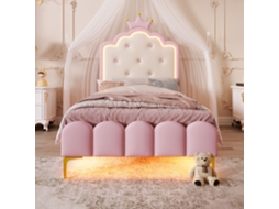 Cama Estofada, 90 X 200 Cm, Com Estrado (sem Colchão), Luz Ambiente Com Controle Remoto, Forma De Princesa, Material Pu, Rosa.