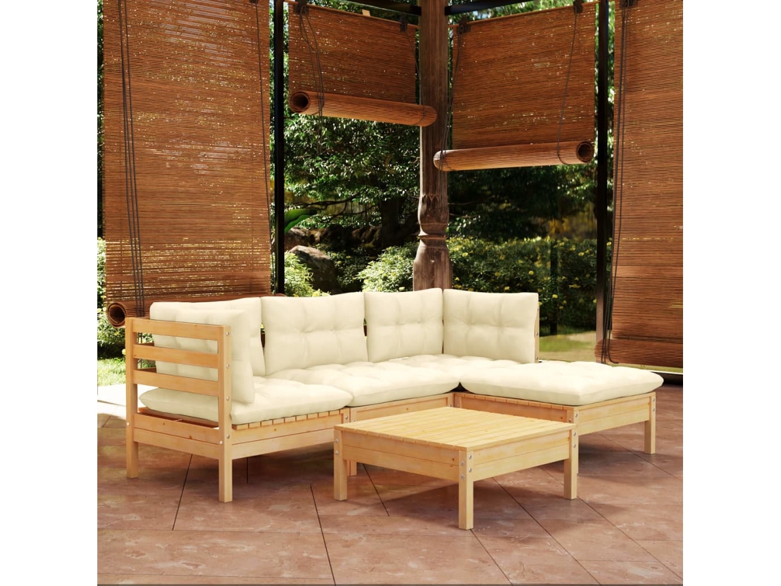 Vidaxl 5 Pcs Conjunto Lounge Jardim C/ Almofadões Cor Creme Pinho