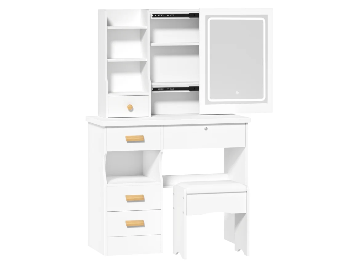 Tocadores Para Quarto Led - Fianao - 5 Gavetas - Banco Acolchoado - Três Modos De Iluminação - Estilo Moderno - Branco - 80 X 132 X 36 Cm