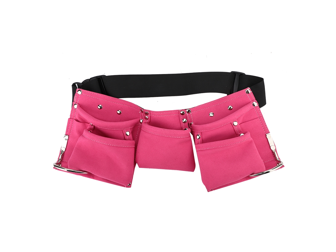 Bolsa multifuncional para guardar ferramentas com cinto ajustável e vários compartimentos, ideal para crianças, cor rosa.