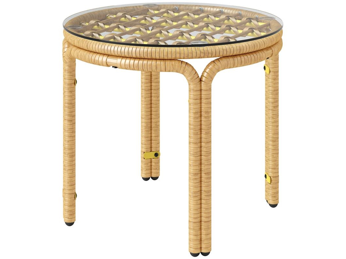 Mesa Lateral Redonda Em Rattan Com Tampo De Vidro Pode Ser Usada Como Mesa De Cabeceira, Mesa De Jardim,