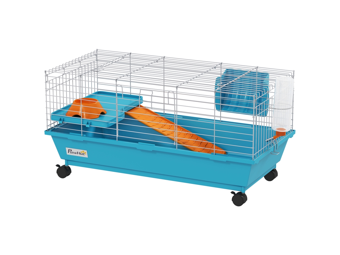 Gaiola para Pequenos Animais com Rodas Comedouro de Mamadeira Dispensador de Feno para Coelhos e Porquinhos da índia 89x44x43 Cm Azul Ge