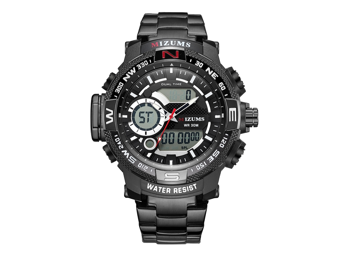 Relógio esportivo eletrônico masculino à prova d'água com movimento de quartzo e pulseira de aço inoxidável - Preto