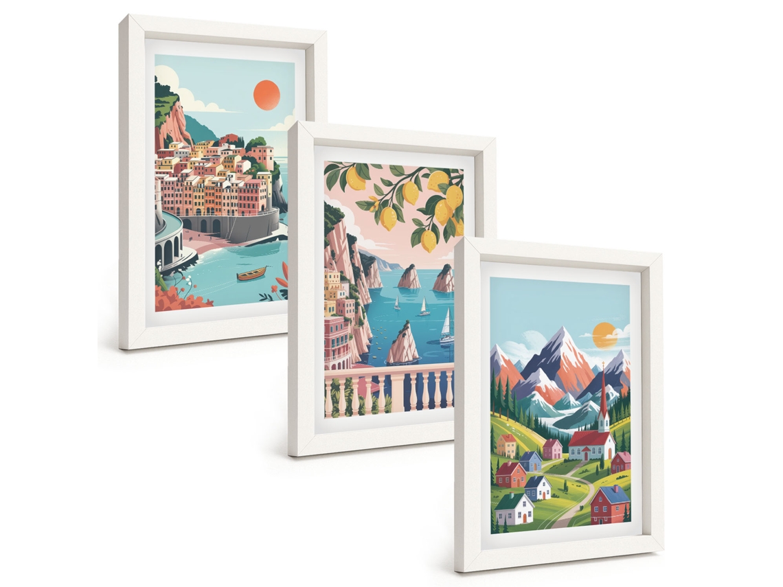 Composição De Quadros Montanhas E Cidades Coloridas Espelharte (3 Peças 20x30 Cm)