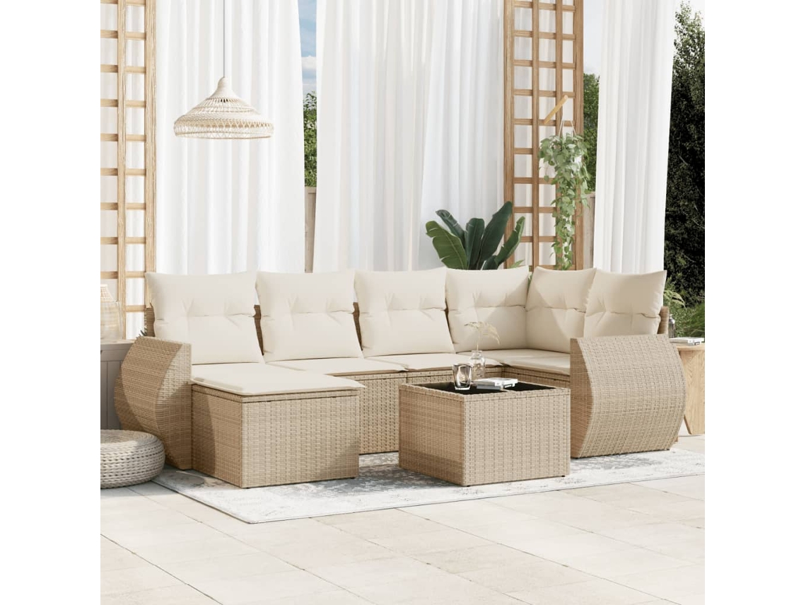 Vidaxl 7 Pcs Conjunto De Sofás P/ Jardim Com Almofadões Vime Pe Bege