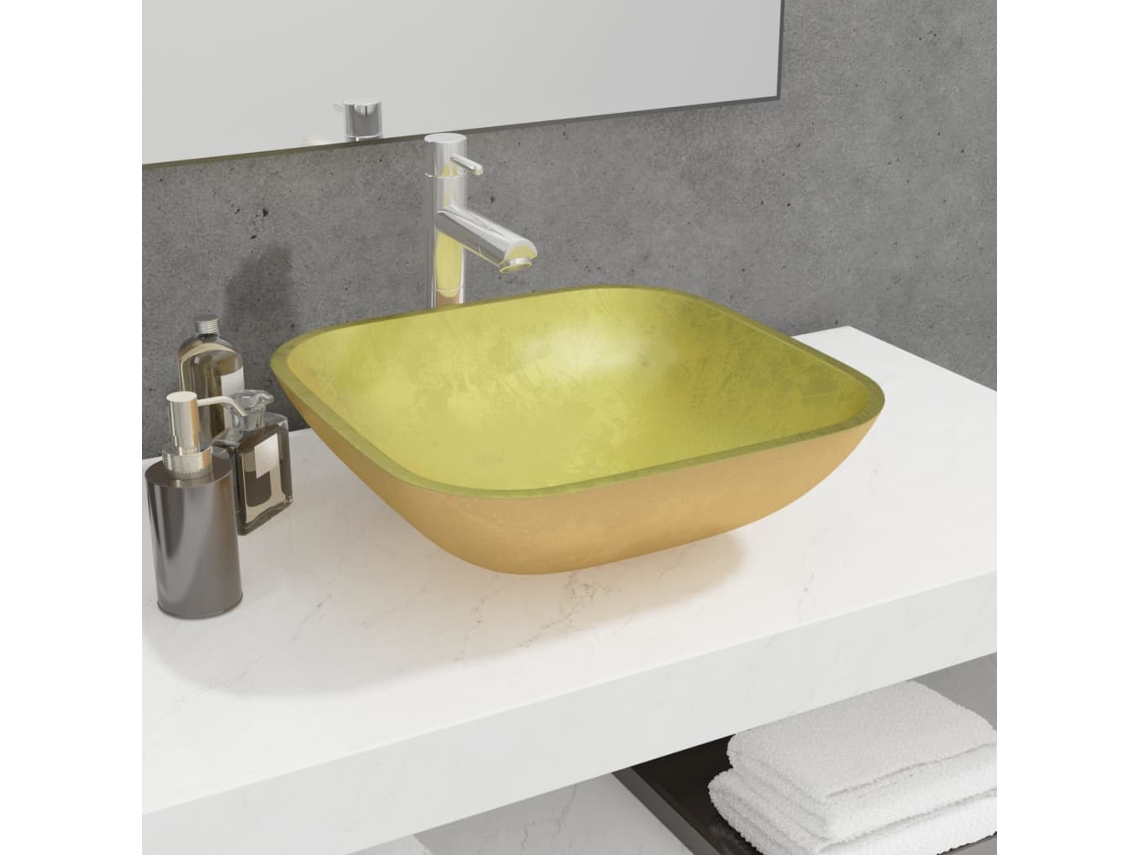 Vidaxl Lavatório 42x42x14 Cm Vidro Dourado