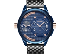 Relógio de pulso masculino Bagari com mecanismo de quartzo e pulseira redonda de malha nas cores azul e preta.