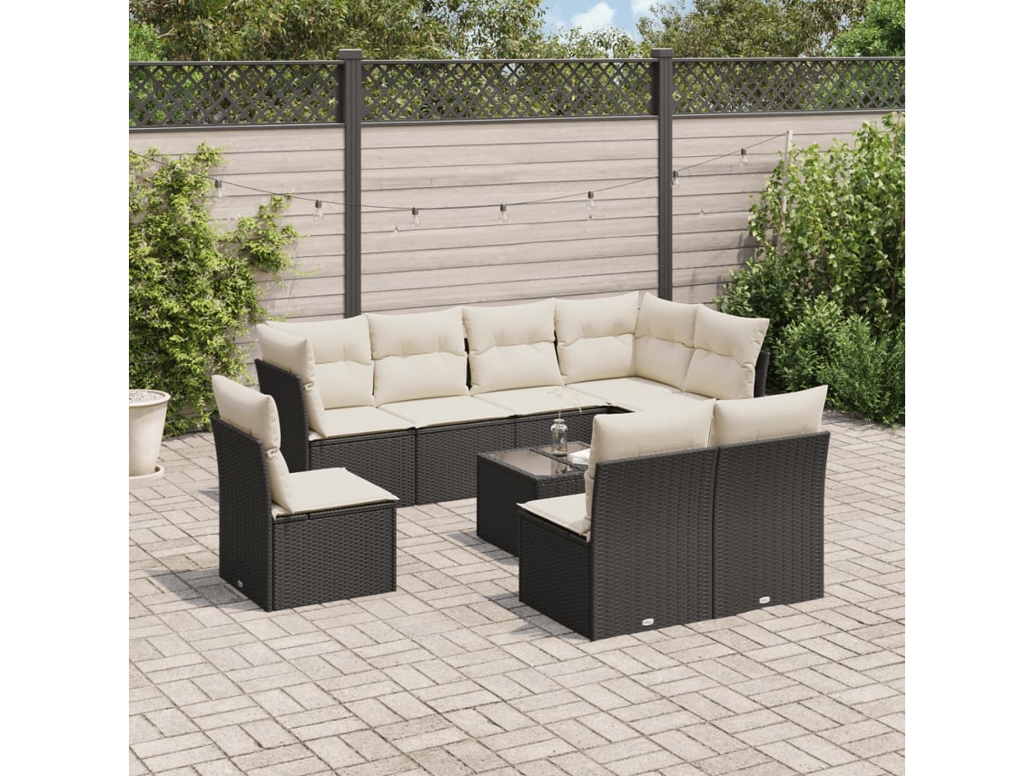Vidaxl 9 Pcs Conjunto De Sofás P/ Jardim C/ Almofadões Vime Pe Preto