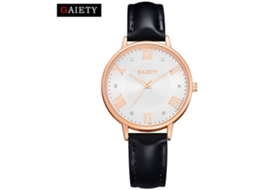 Relógio de Pulso Analógico de Quartzo com Pulseira de Couro Gaiety Ouro Rosa Simples (preto)