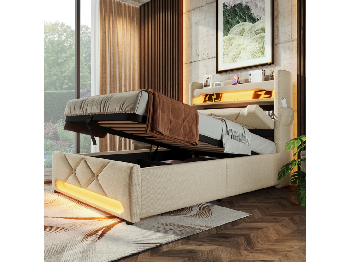 Cama Box Solteiro 90x200 Bege Linho Com Armazenamento Usb C Led