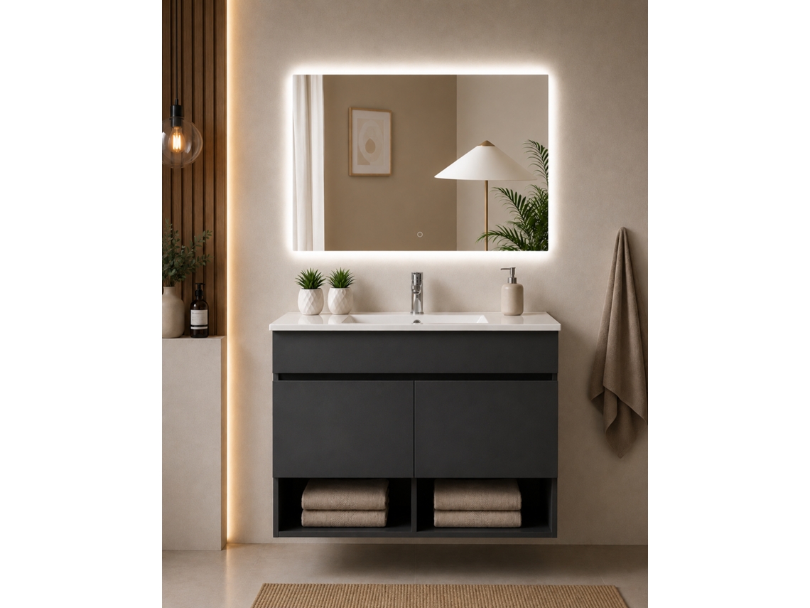 Móvel De Casa De Banho Suspenso Com Lavatório Extraplano Origenbath Nebari Sem Espelho 90x40 Cm Grafite