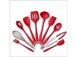 Kit De Espátulas De Silicone Com 10 Peças: Pinças, Batedor, Escovas, Raspeadores, Cernidor E Colheres Para Cozinha Vermelho
