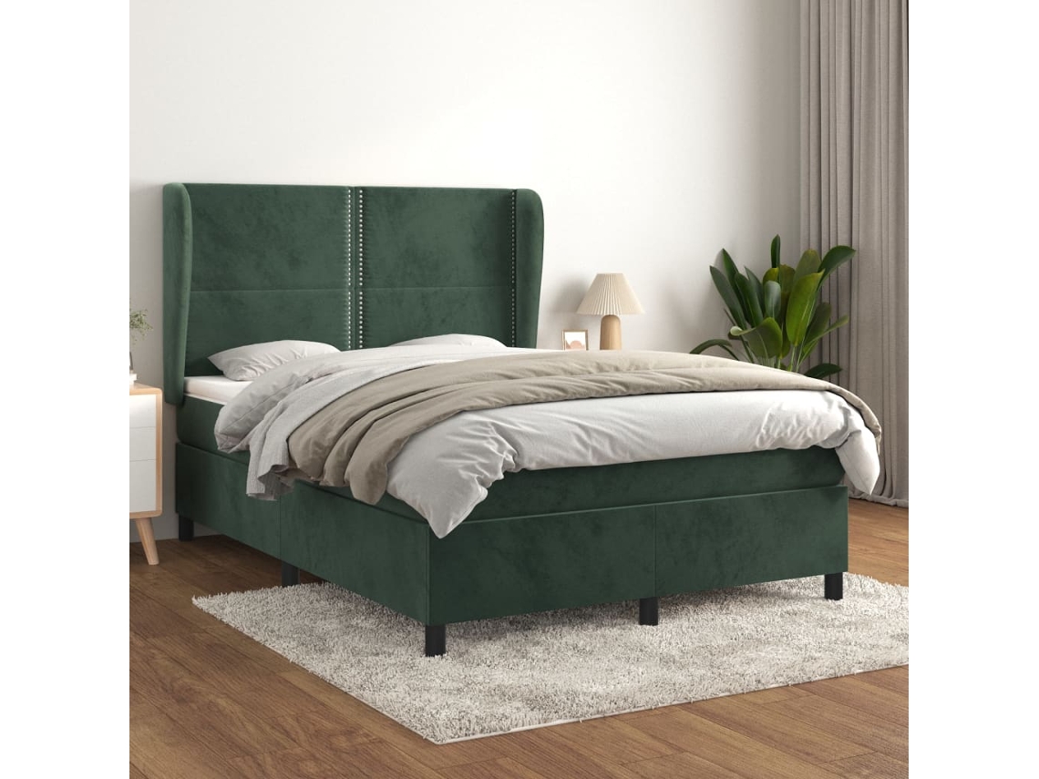 Cama Com Molas/colchão 140x200 Cm Veludo Verde-escuro