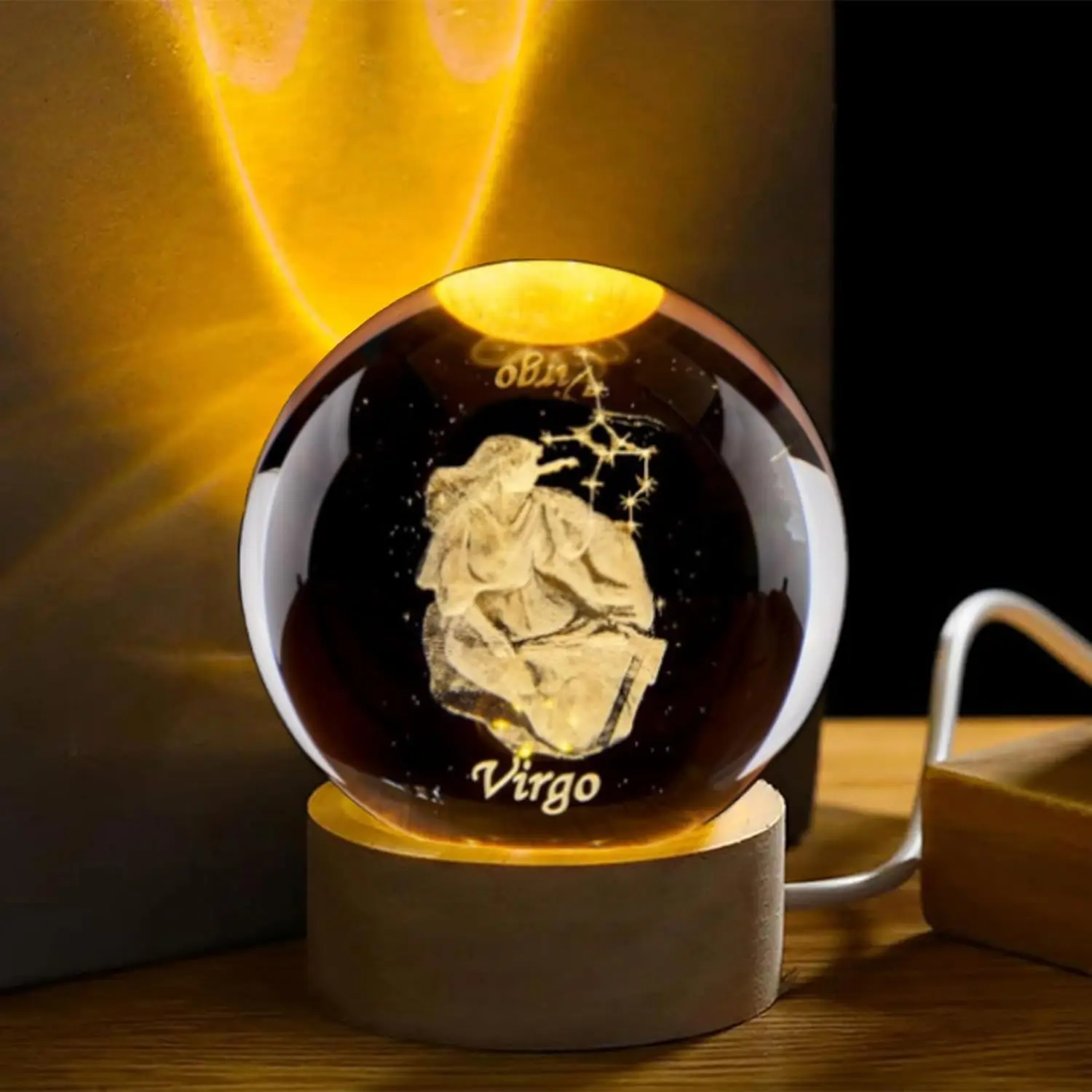 Bola De Cristal 3d De Virgem Com Base De Madeira Com Led, Bola Decorativa De Vidro Com A Constelação.