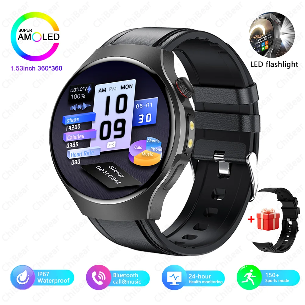 Smartwatch Masculino para Ciclismo, Corrida, Fitness, À Prova D'água, com Luz Led e Chamadas Bluetooth. MDUG (pulseira de Couro Preta)