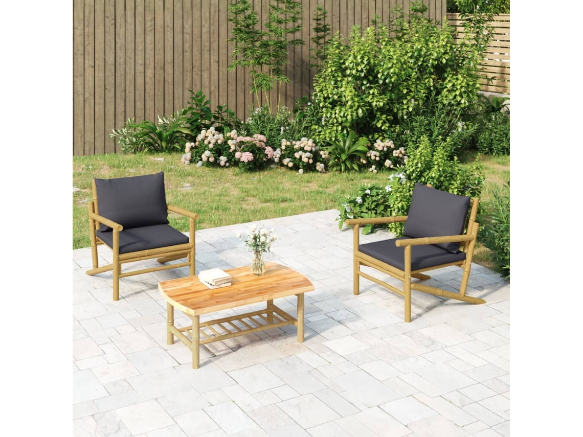 Vidaxl Cadeiras De Jardim 2 Pcs Bambu C/ Almofadões Cinzento-escuro