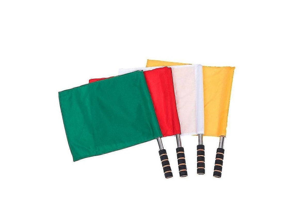 Conjunto de 4 bandeiras de sinalização de árbitro coloridas nas cores vermelho, amarelo, verde e branco, com mastro de aço inoxidável para futebol de campo.