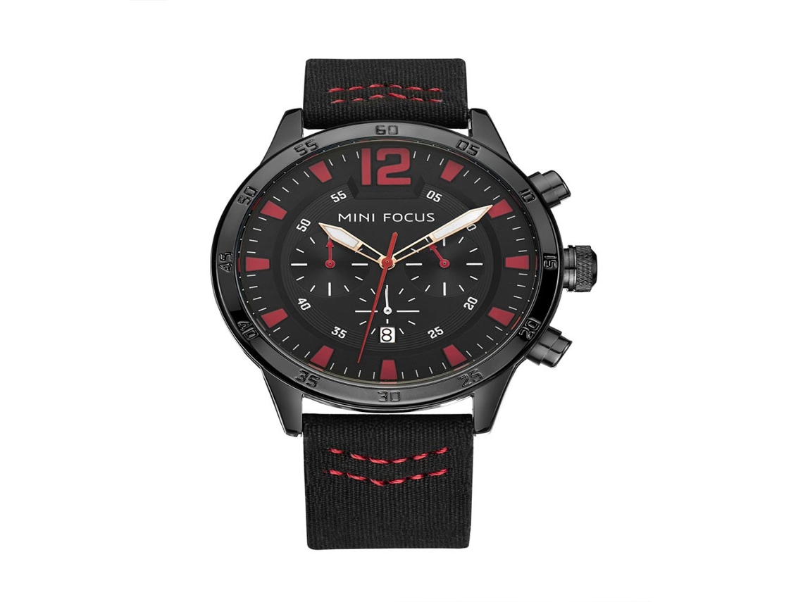 Relógio masculino analógico de quartzo em liga metálica com mostrador redondo, modelo Mini Focus (preto e vermelho)