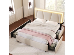 Cama Casal 160x200 com Led 4 Gavetas e Cabeceira Ajustável Bege