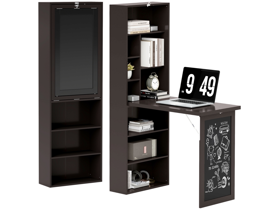 Mesa Dobrável de Parede com Espaço de Armazenamento, Estante, Área de Trabalho, Quadro negro e Prateleira Ajustável. CHEZMOI