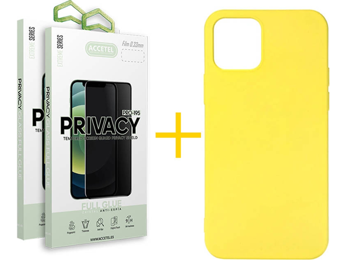 Capa + 2 Películas de Vidro Anti-Spy iPhone 13 Mini ACCETEL Silicone Líquido Amarelo