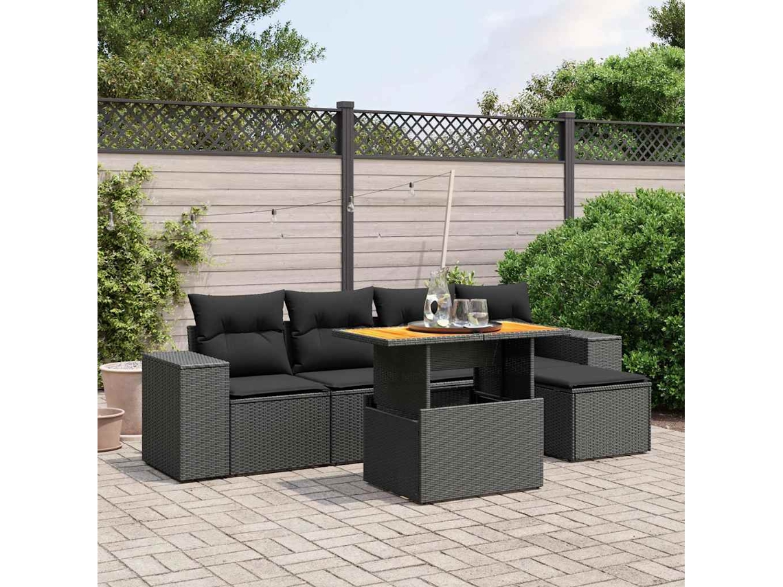 Vidaxl 6 Pcs Conjunto Sofás De Jardim C/ Almofadões Vime Pe Preto