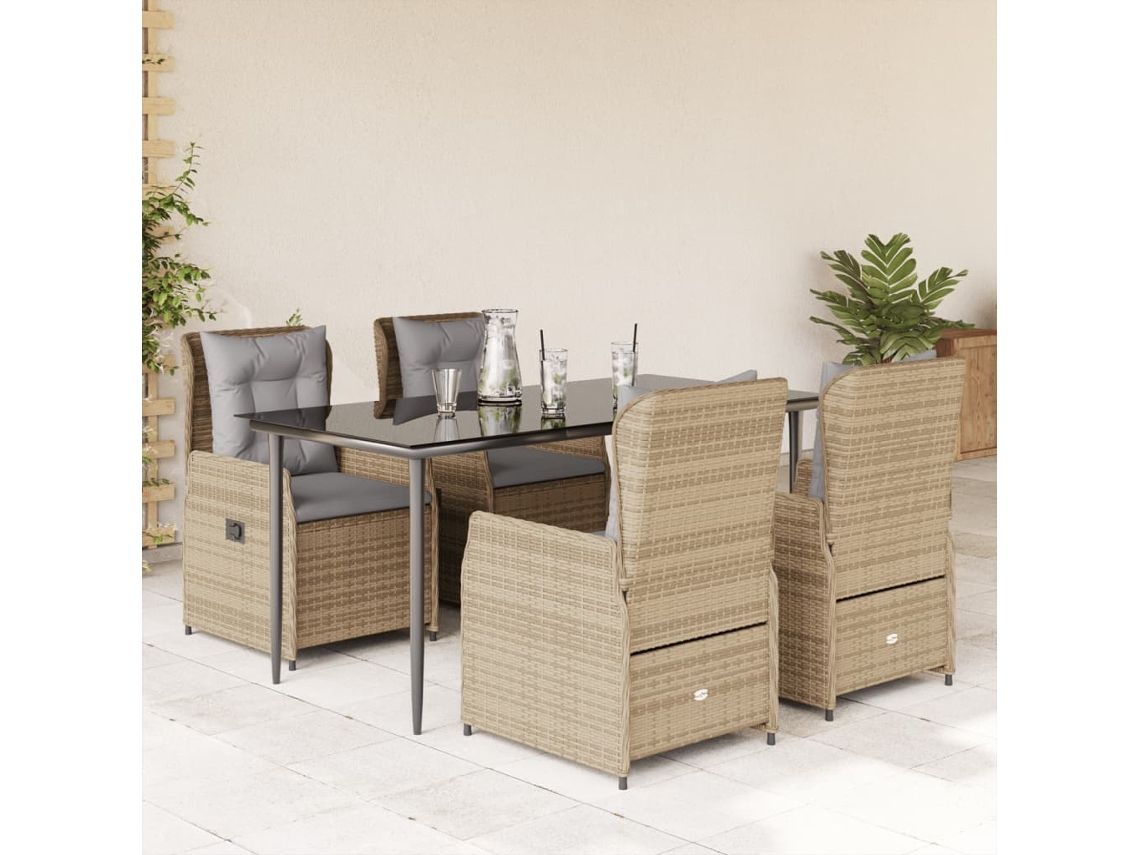 Vidaxl 5 Pcs Conjunto De Jantar P/ Jardim Com Almofadões Vime Pe Bege