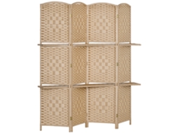 Biombo De 4 Painéis Dobrável Com 2 Prateleiras De Exposição, Ideal Para Escritório E Quarto, 160x170 Cm, Natural