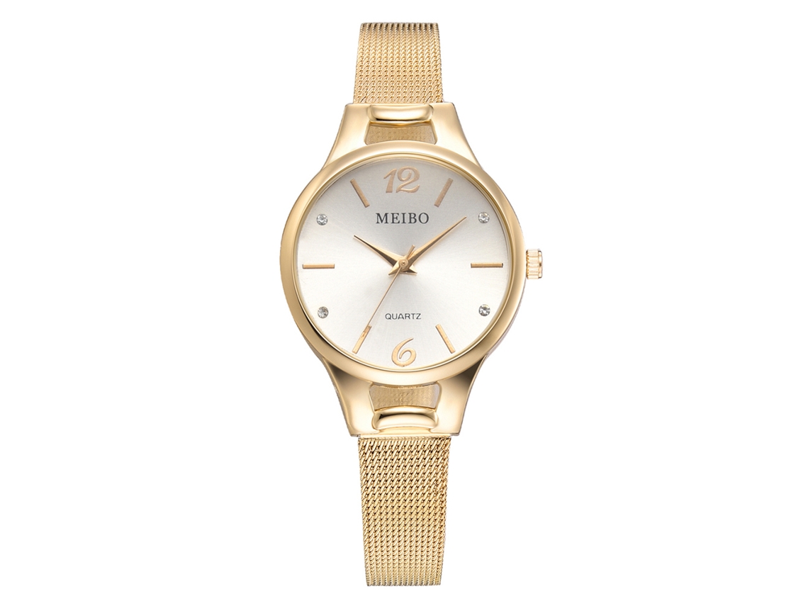 Relógio de Pulso Feminino de Quartzo com Pulseira de Malha Elegante Ouro+branco