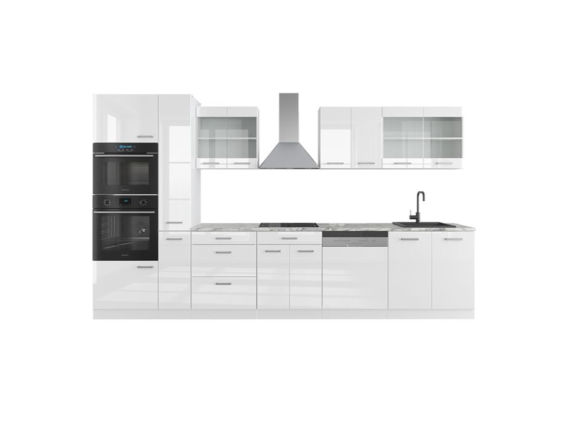 Cozinha R-Line, 350 cm com armário alto, PT Mármore, branco brilhante/branco, Vicco