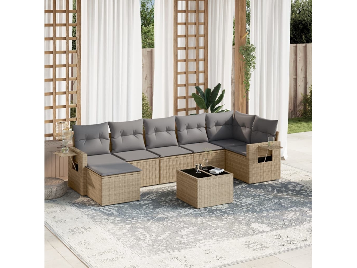 Vidaxl 8 Pcs Conjunto De Sofás P/ Jardim Com Almofadões Vime Pe Bege