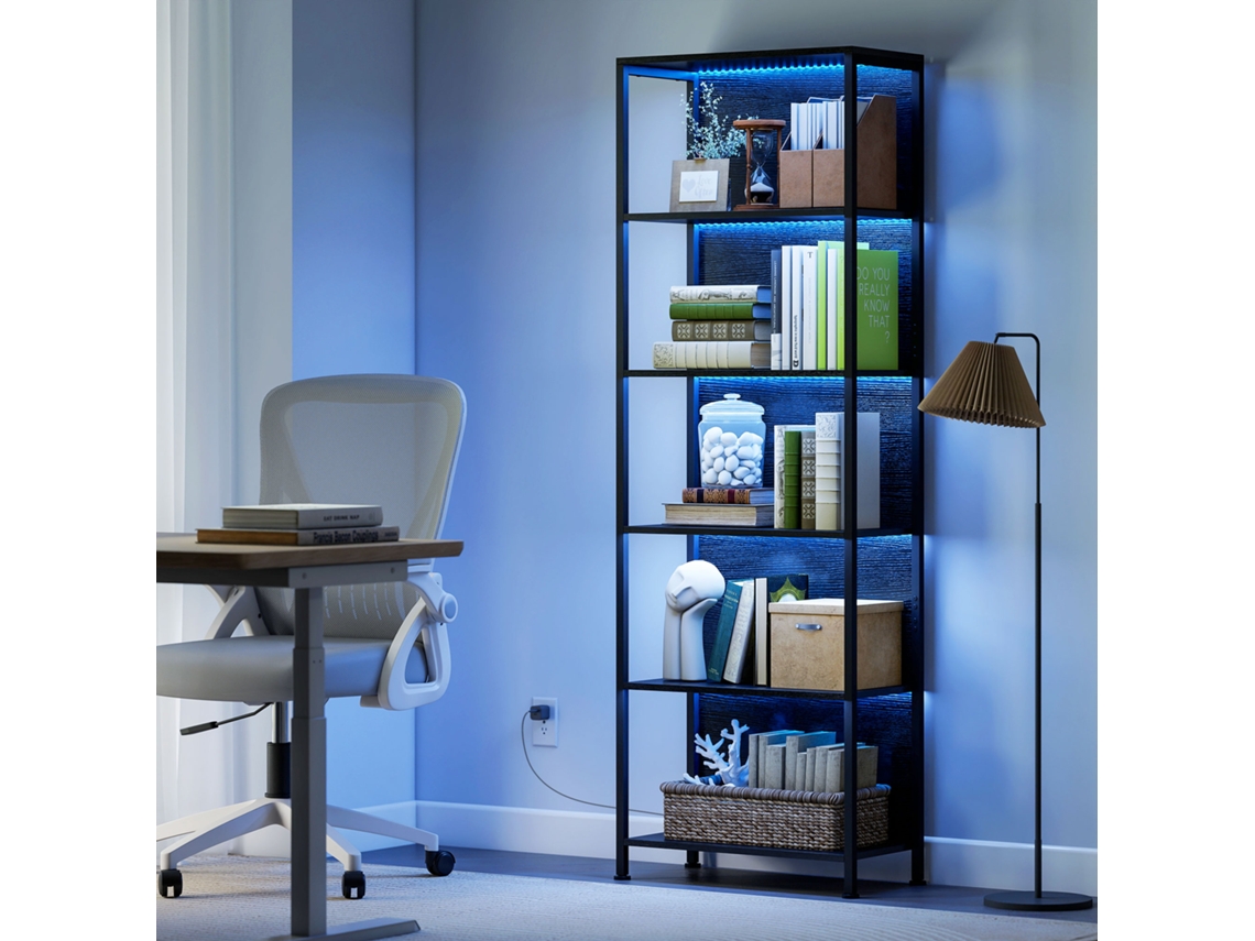 Bücherregal Mit 5 Ebenen Standregal Mit Led-beleuchtung, 7 Lichtfarben, Für Wohnzimmer, 60 X 30 X 179 Cm Schwarz