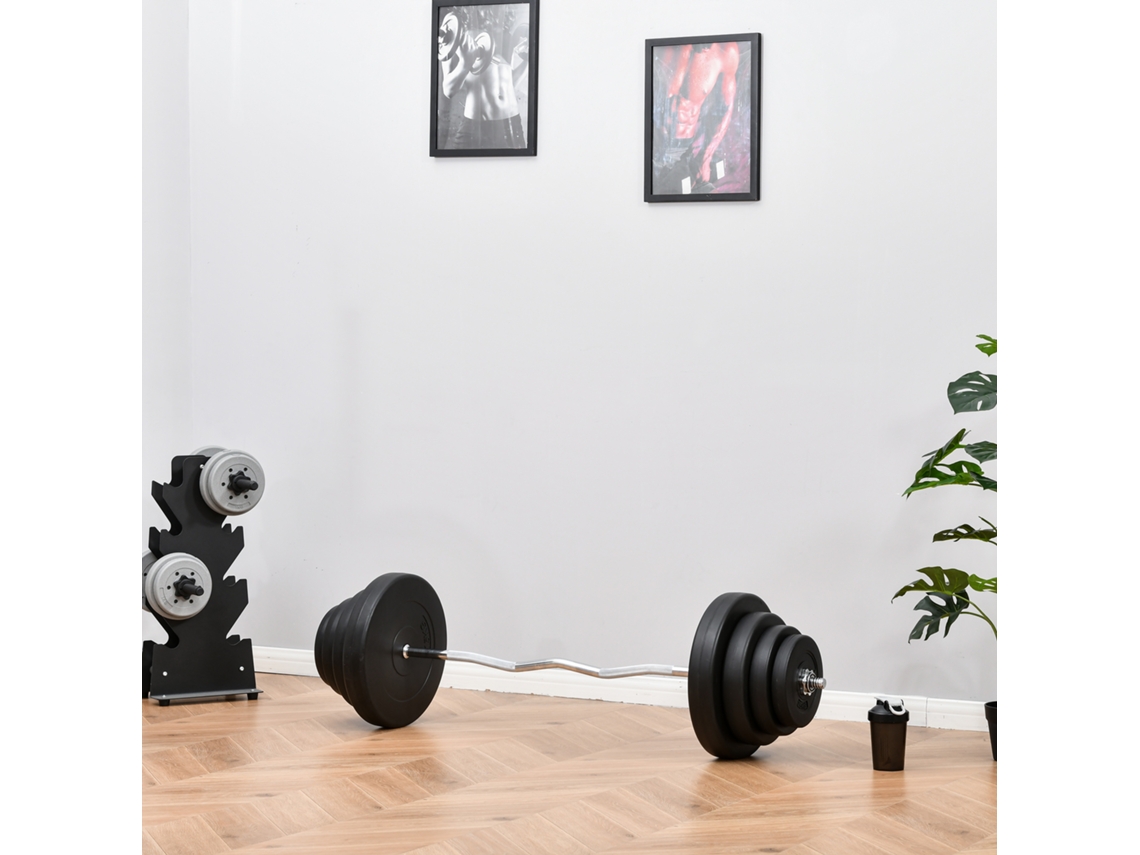 Barra De Musculação Curva Preta 70kg 140x38,5x38,5cm Com 8 Discos Intercambiáveis De 2,5kg A 15kg Para Treino De Força Em Casa