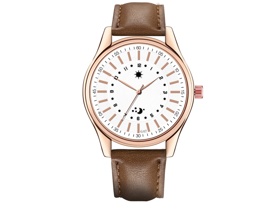 Relógio de pulso masculino casual e elegante, com mecanismo de quartzo e mostrador em PU marrom escuro e branco.