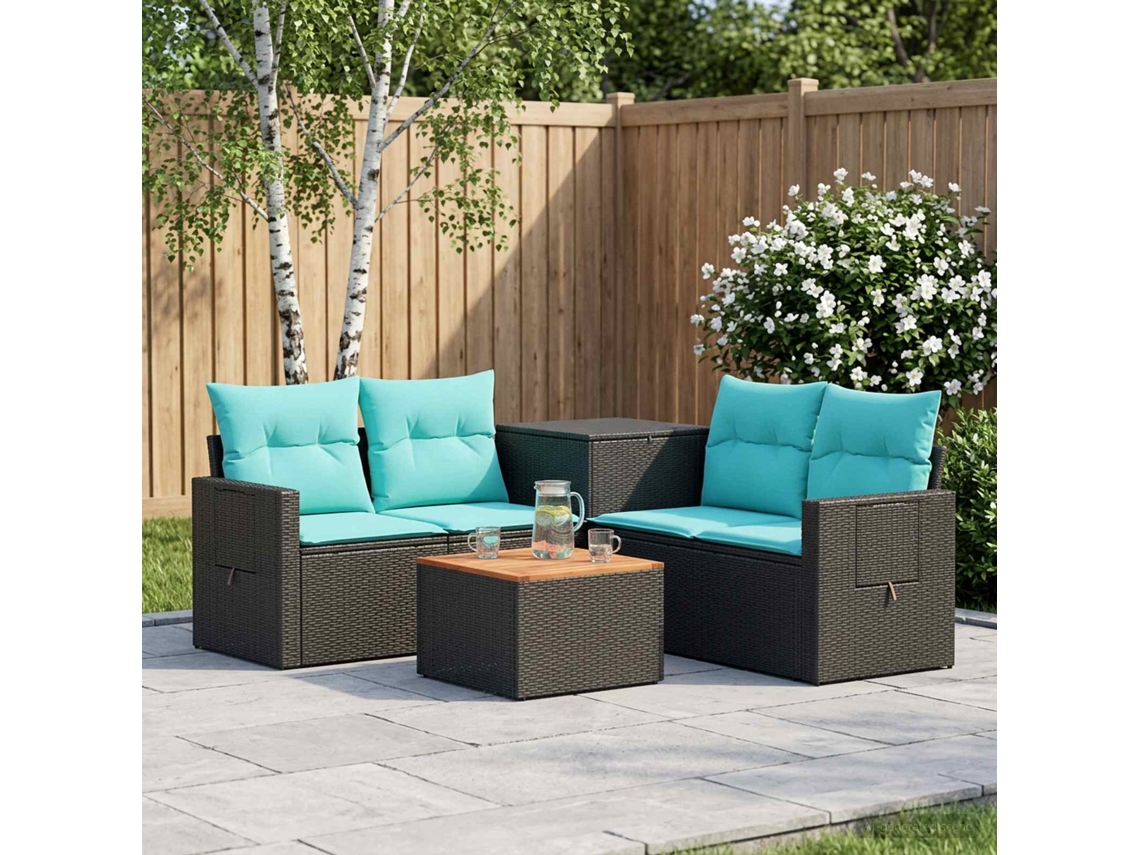 Vidaxl Conjunto De Sofás 6 Unid. Preto E Azul Rattan Poliéster E Aço