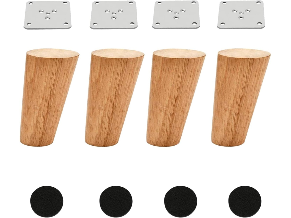Conjunto De 4 Pés Madeira Cônicos, 10cm 4 Polegadas, Redondos, Maciços, Sem Acabamento, Estilo Moderno De Meados Do