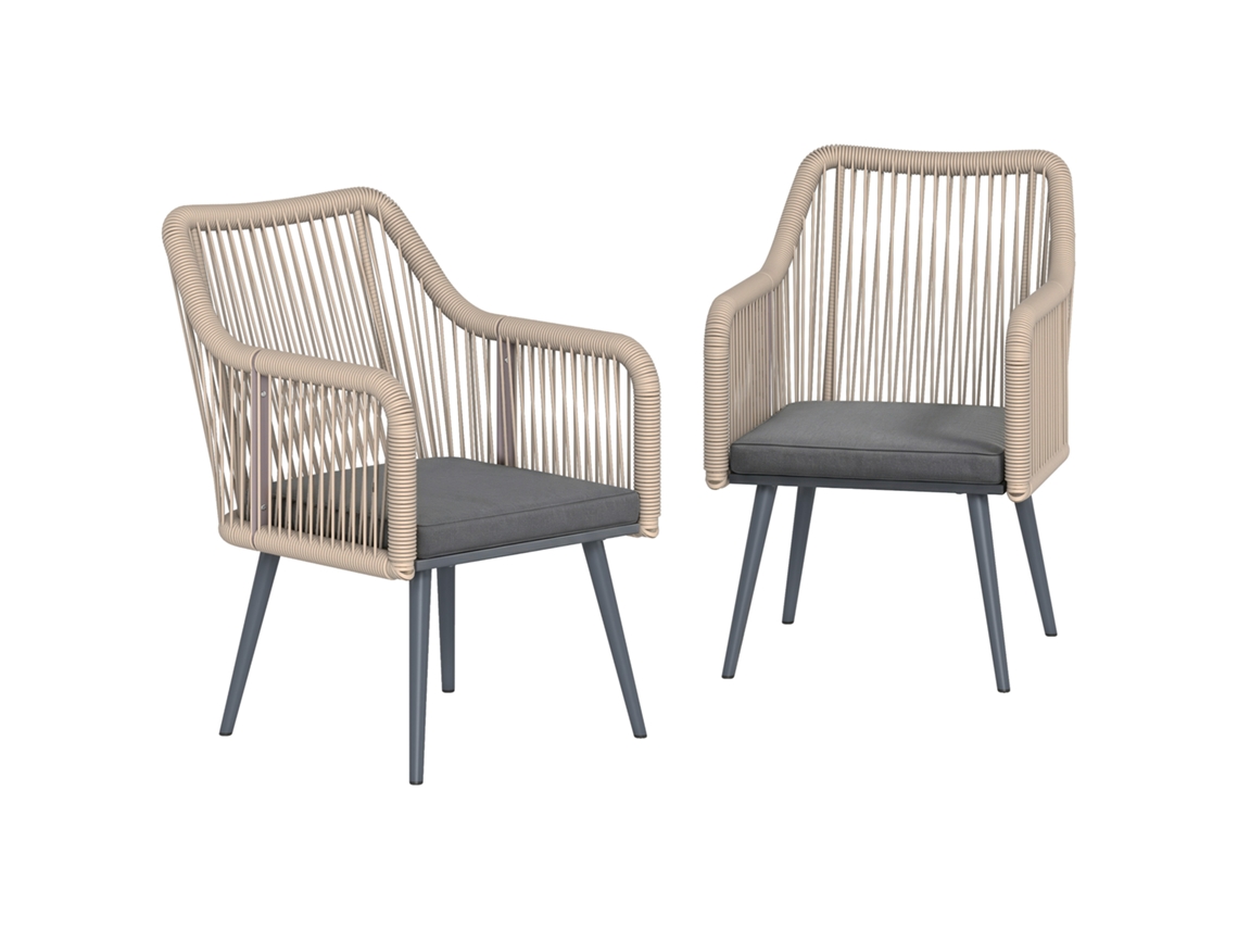 Conjunto de 2 cadeiras de jardim com almofadas e apoios de braço em aço e rattan (54x65x80 cm) Cinza | S/MARCA
