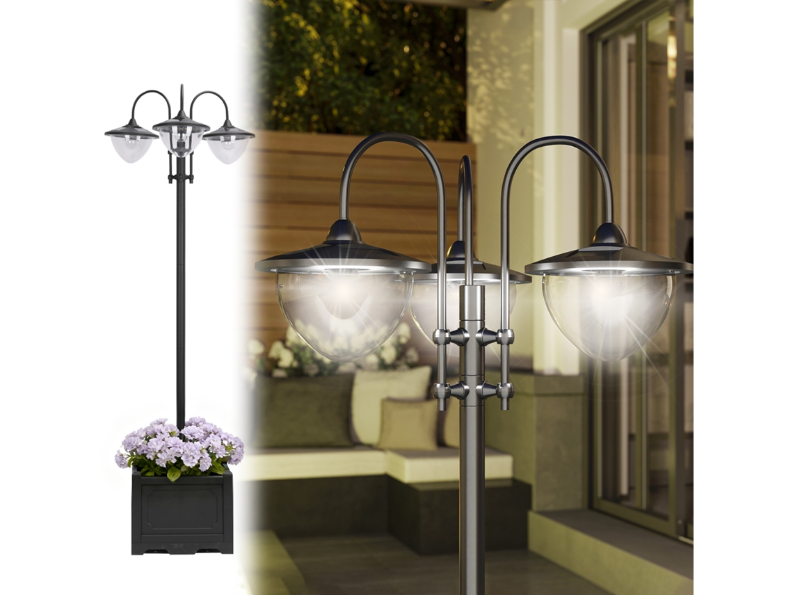 Candeeiro Solar de Jardim com 18 LEDs Brancos Frio 6000K, IP44, Sensor de Noite, Base em Forma de Floreira 60x55x189cm BTFORUS