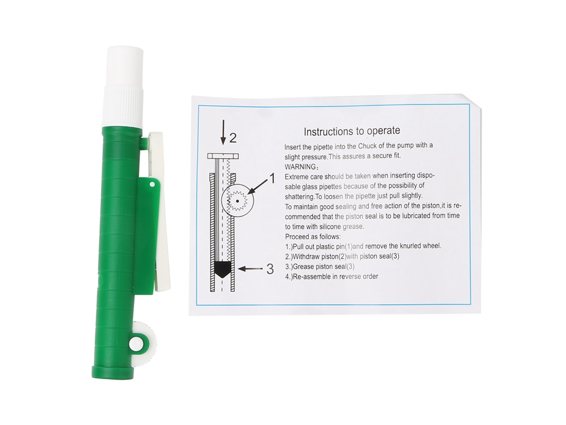 Bomba de enchimento de pipeta verde de 10 ml para pipetas descartáveis de plástico e vidro.