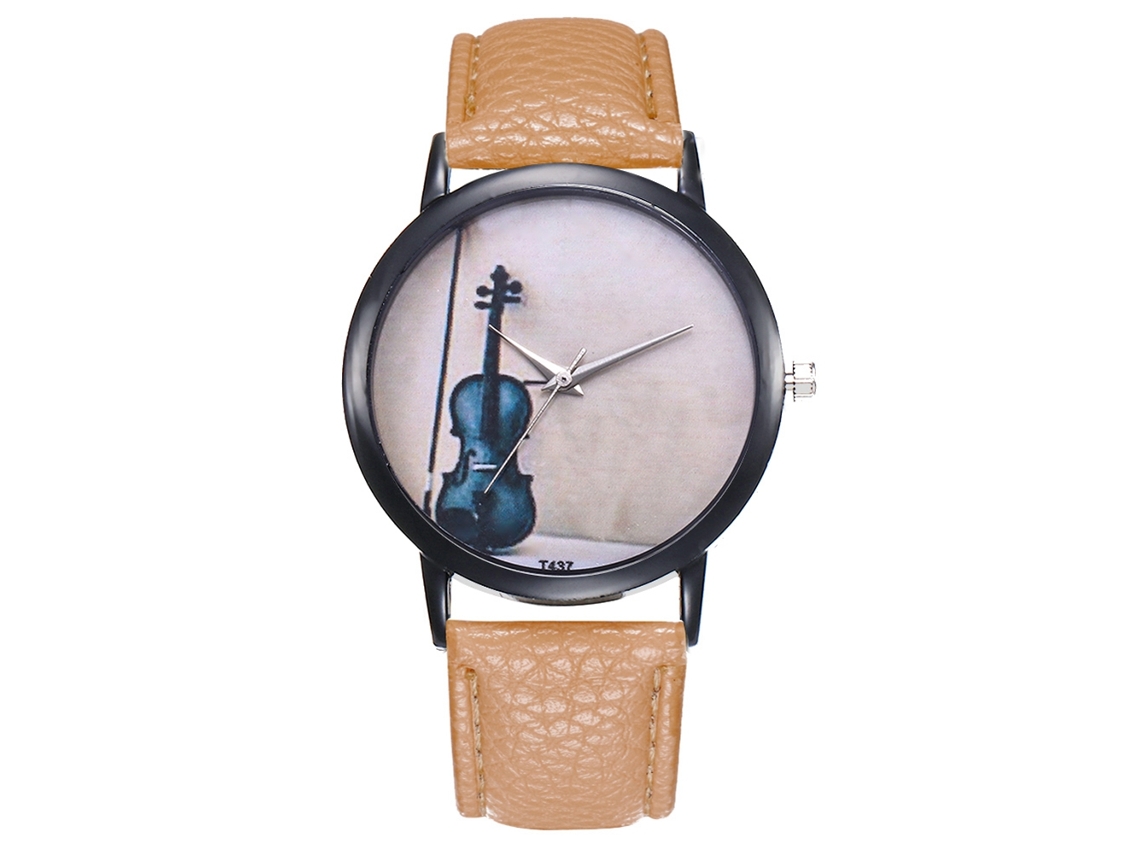 Relógio de pulso masculino de quartzo ultrafino e minimalista com pulseira de PU bege.