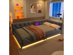 Daybed Cinza 90x200cm, Sofá-cama, Led, Usb-c, Cabeceira Tufada, Linho. -op