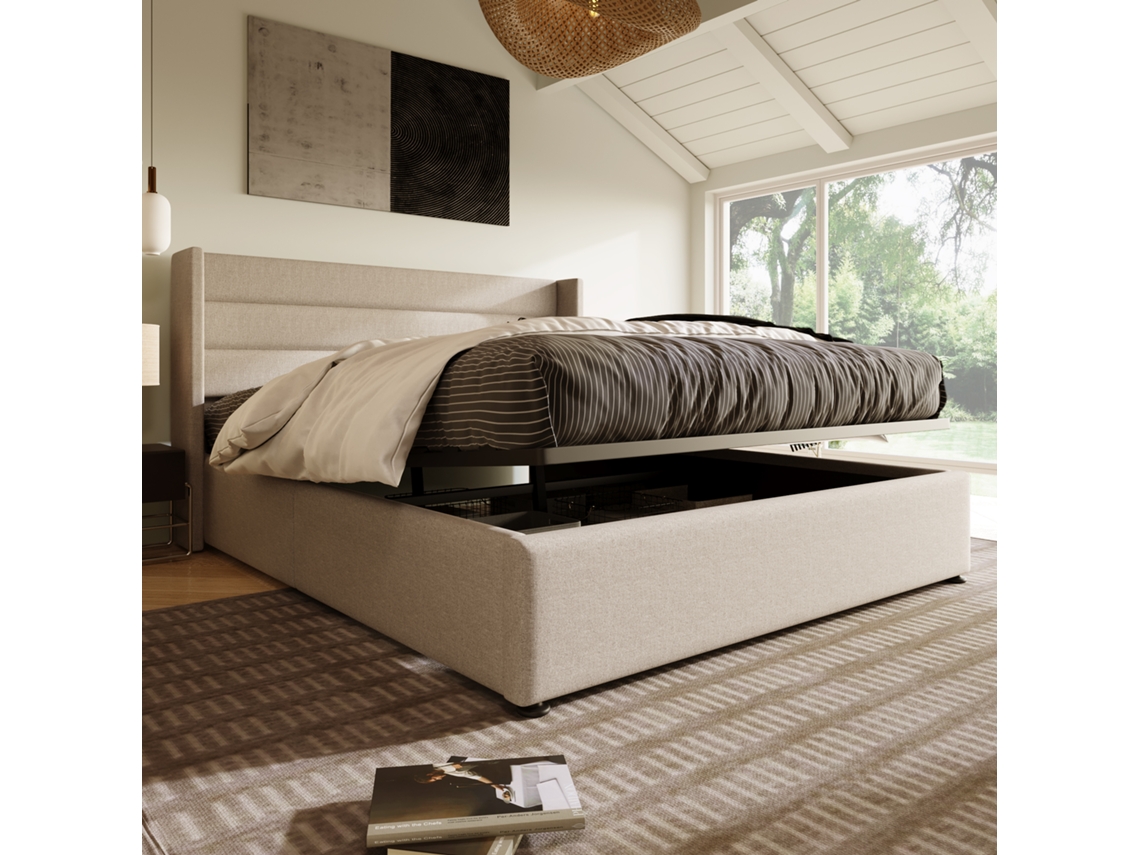 Cama De Casal 140x200cm, Cama De Madeira Com Ripas, Cama Com Estrutura Metálica, Linho, Bege-op