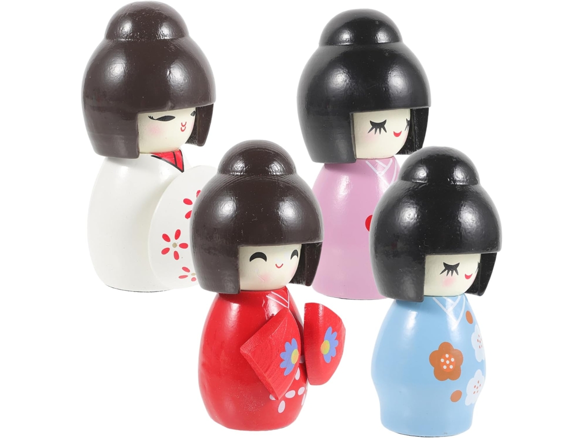 Conjunto de 4 peças de ornamentos decorativos japoneses com figuras de bonecas em quimono para restaurante, mesa ou escrivaninha.