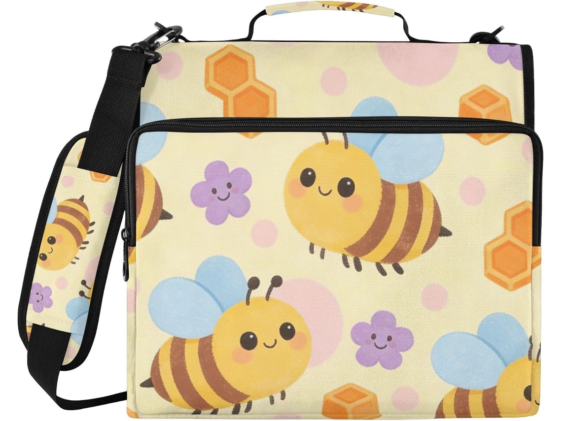 Pasta De 3 Argolas 1, 5 Polegadas Com Estampa De Abelha E Flor, Fechamento Com Zíper, Inclui Bolso Com Zíper, Bolsa De