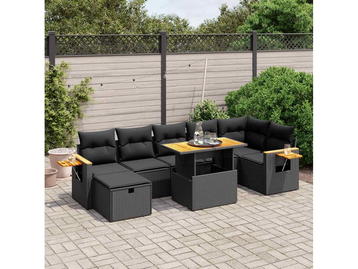 Vidaxl 8 Pcs Conjunto Sofás de Jardim com Almofadões Vime Pe Preto