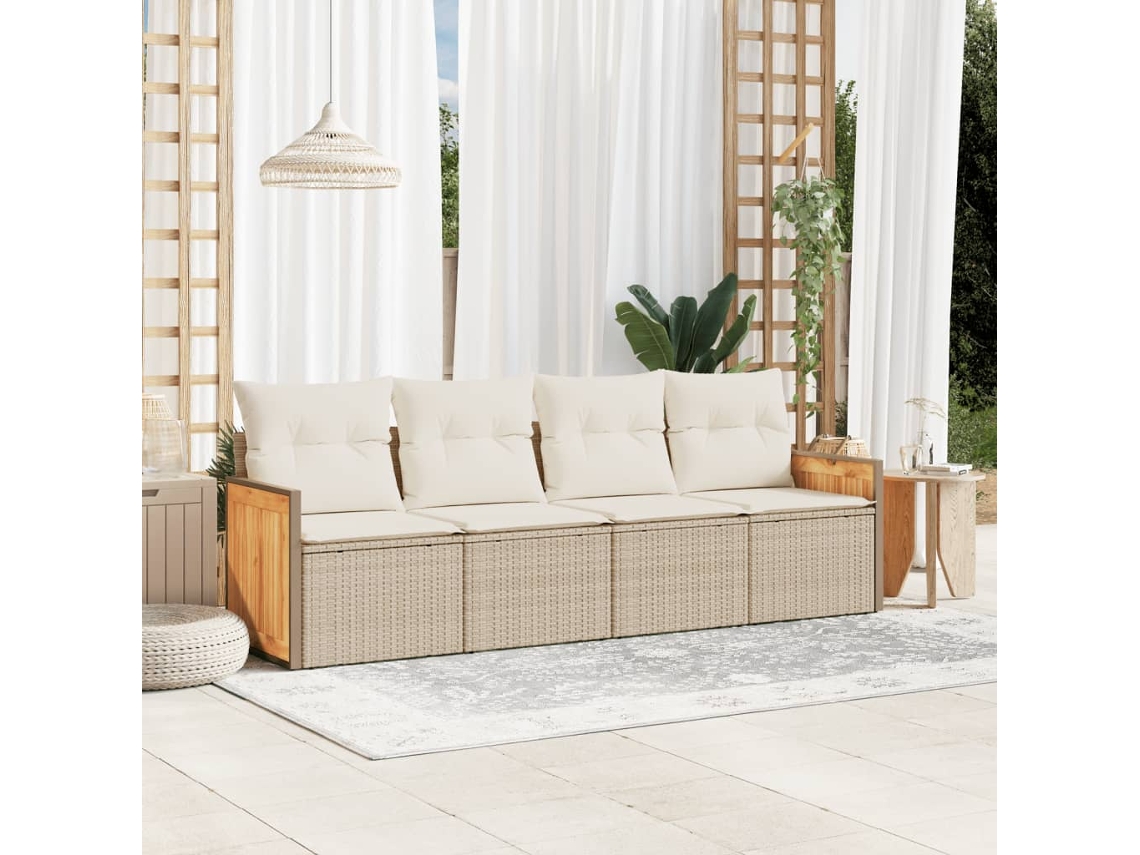 Vidaxl 4 Pcs Conjunto De Sofás Para Jardim C/ Almofadões Vime Pe Bege