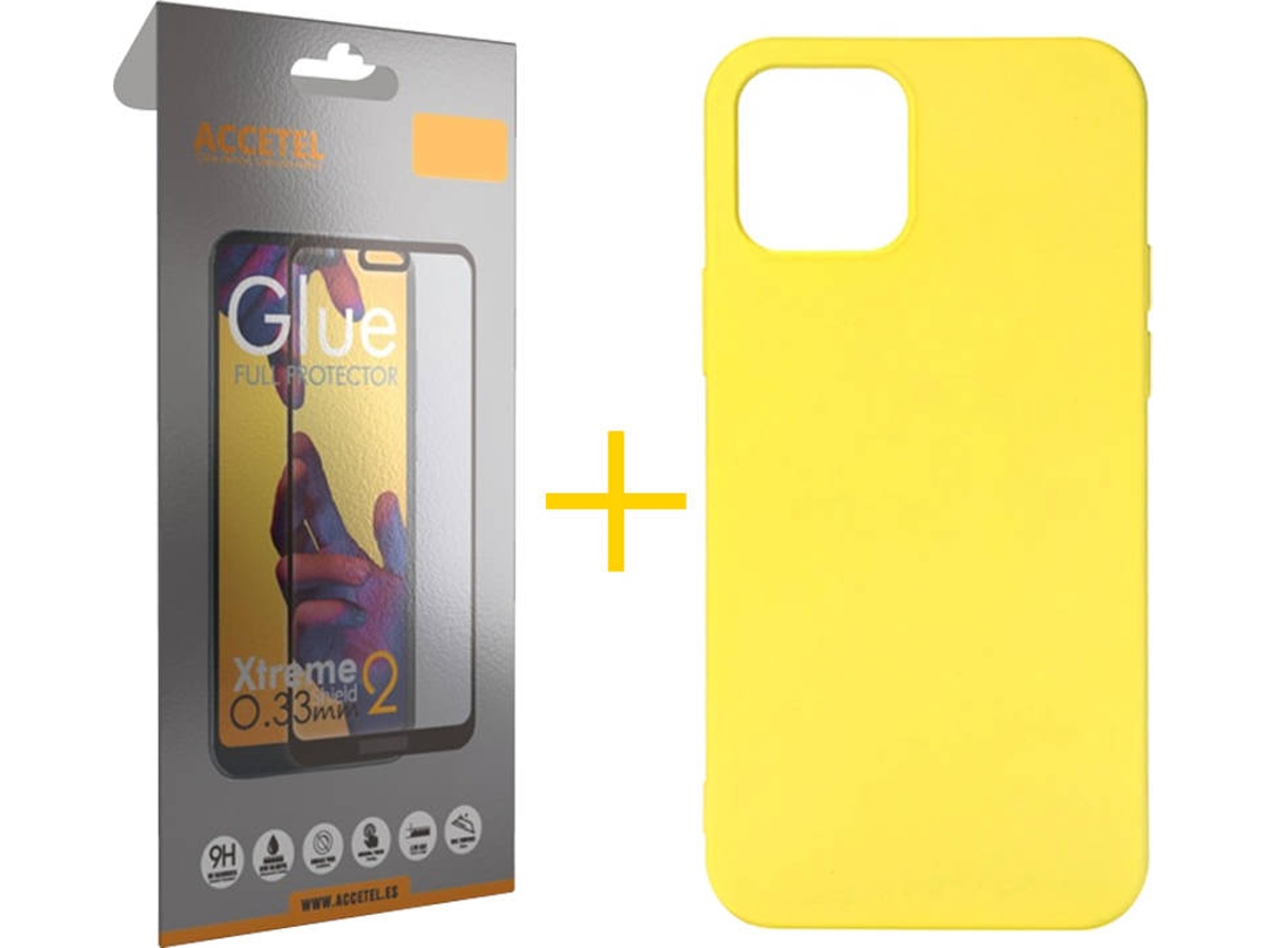 Kit Capa e Película Vidro Full 1X  iPhone 12 Pro Max Accetel Silicone Amarelo
