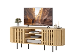 Suporte Tv De 60 Polegadas Com 2 Portas De Ripas, 140x40x52cm, Estrutura Em Madeira Natural