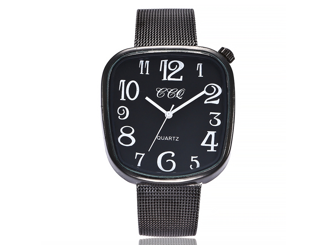 Relógio de quartzo moderno com pulseira de malha metálica para pulso (preto)