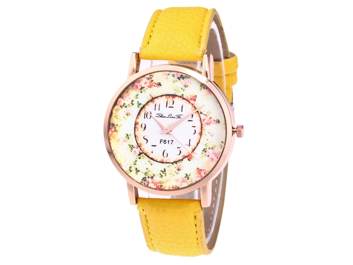 Relógio feminino moderno com mostrador redondo, mecanismo de quartzo e pulseira de couro PU, na cor amarela.